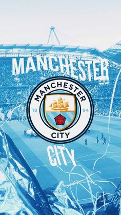 the manchester city logo is shown in front of a stadium