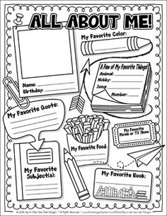 an all about me coloring page with pictures and text