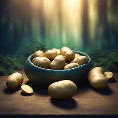 a bowl filled with potatoes sitting on top of a table next to some green plants