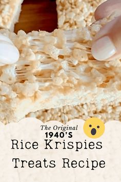 Not the recipe on the side of the box! This is the actual Original Rice Krispies Treats recipe from the 1940s. They used Salted butter back in those days for preserving. This nostalgic “candy” combines salted butter, vanilla extract, and a generous helping of marshmallows to create the perfect balance of sweet and salty flavors. #ricekrispietreats #1940srecipe #thevintagecook #nostalgic #marshmallow #saltedbutter  #crispytreats #comfortfood #easyrecipe Best Rice Krispie Treats Recipe Condensed Milk, Basic Rice Krispie Treats, Best Rice Krispie Treats Recipe Soft, Old Fashioned Rice Krispie Treats, Rice Krispie Squares Recipe, Jet Puffed Rice Krispie Treats, Original Rice Crispy Treats Recipe, Original Rice Krispie Treats, Homemade Rice Krispies Treats Recipes