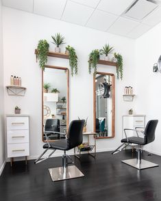 a hair salon with chairs, mirrors and plants