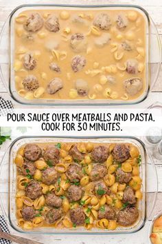 two dishes with meatballs and pasta in them