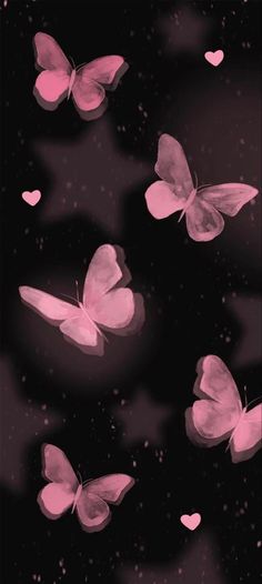 pink butterflies flying through the air with hearts floating in the sky behind them on a black background