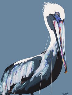 a painting of a pelican with long beaks and white feathers on a blue background