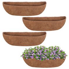 three planters with purple and white flowers in them