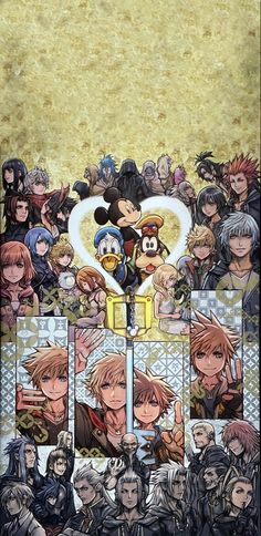 an anime poster with many different characters in the same group, including mickey mouse and others