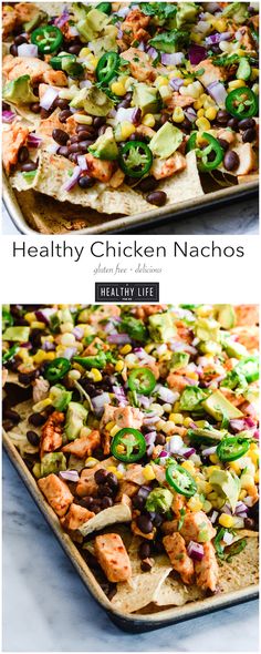 the healthy chicken nachos are ready to be eaten