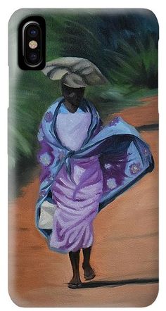 a painting of a woman walking down the street with an umbrella on her head and purple dress