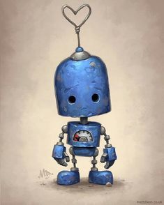 a blue robot with a heart hanging from it's head and eyes, standing in front of a beige background