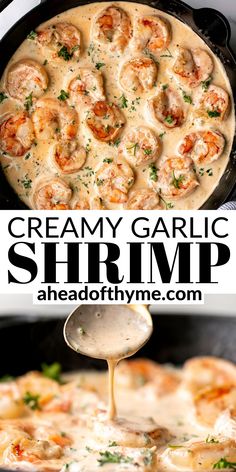 the creamy garlic shrimp is being drizzled with sauce