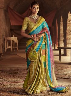 This set features a saree palla it is made of color-blocked paneled khadi organza reinforced with lampi and edged with kiran while the body is made of chanderi with handmade lampi strips. It has a ... Blouse Yoke, Chanderi Saree, Stylish Sarees, Indian Fashion Designers, Stripe Silk, Manish, Indian Ethnic Wear, Saree With Blouse, Indian Design