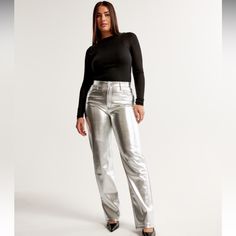 Nwt Abercrombie & Fitch Curve Love Vegan Leather 90s Relaxed Pant Silver Brand New With Tags Silver Leather Pants, Pant Outfits For Women, Heated Clothing, Leather Pants Outfit, Metallic Jeans, Runway Outfits, Love Jeans, Grey Outfit, Red Pants