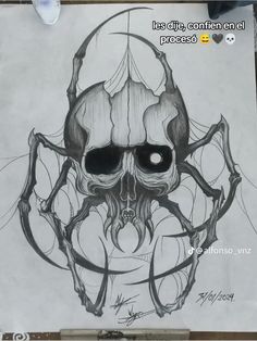 a drawing of a skull with large eyes and spider webs on it's face