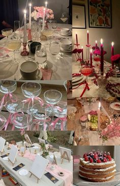 a collage of pictures with candles, plates and desserts on them in various stages of being decorated