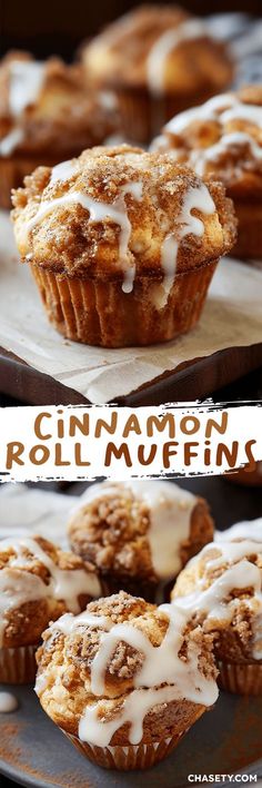 cinnamon roll muffins with icing on top and the words cinnamon roll muffins below