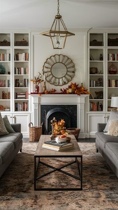 a living room with two couches and a coffee table in front of a fireplace