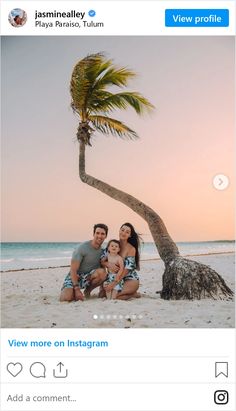 two people and a child are sitting under a palm tree on the beach with an instagram message