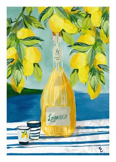 a painting of a bottle of lemonade and two cups on a striped tablecloth