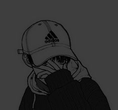 a drawing of a person with a hat and scarf around their neck, wearing a adidas cap