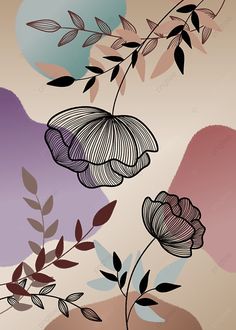 an abstract painting with flowers and leaves on the wall, background, pattern, flower png and psd