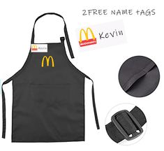 two free name tags and an apron with the mcdonald's logo in yellow on it