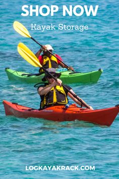 two people in kayaks paddling on the water with text overlay that reads shop now