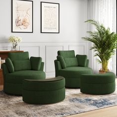 a living room filled with green furniture and a potted plant on top of a table