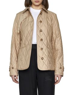 ->polyester, 100% Designer Nylon Outerwear For Fall, Classic Nylon Outerwear For Fall, Designer Nylon Outerwear For Spring, Beige Quilted Jacket For Work, Classic Nylon Outerwear With Padded Collar, Designer Spring Outerwear With Padded Collar, Luxury Nylon Outerwear For Fall, Elegant Long Sleeve Nylon Outerwear, Designer Beige Outerwear For Spring