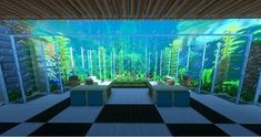 a room with black and white checkered flooring in front of a fish tank