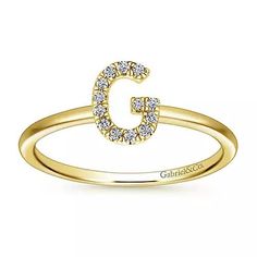 Gabriel & Co. 14K Gold Pavé Diamond Uppercase G Initial Ring Women's fashion Ring Style Number: LR51164G-Y45JJ / LR51164G-W45JJ / LR51164G-K45JJ Division: Gabriel Stackables Collection: Stackable Style: Initial Starting Price: $550.00 USD* Carat Weight: 0.06ct Width: 6.80mm Thickness: 1.30mm Bandwidth: 1.20mm Carefully calibrated details elevate this simple initial ring. Fashioned from gleaming 14K gold, it showcases an uppercase letter "G" outlined in luminous 0.06ct pavé diamonds. A simple pol G Initial, Womens Rings Fashion, Gold G, Letter G, Initial Ring, Pave Diamonds, Women Rings, Fashion Rings, Initials