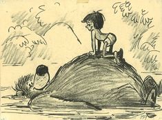 a drawing of a boy sitting on top of a rock next to another kid in the water