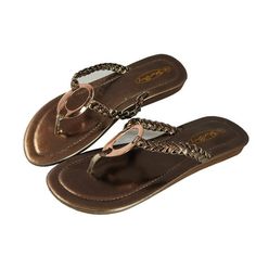 Simple and elegant shiny metallic colored flip flop sandals with braided straps Size: 7.  Color: Bronze.  Gender: female.  Age Group: adult. Brown Single Toe Strap Flip Flops For Beach Season, Adjustable Brown Flat Flip Flops, Bohemian Brown Flat Flip Flops, Brown Non-slip Summer Flip Flops, Velcro Rollers, Brown T-strap Flip Flops For Beach, Braided Strap, Only Shoes, Thong Sandals