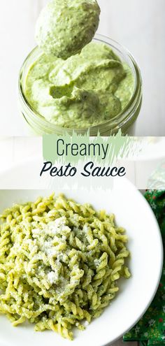 creamy pesto sauce in a glass jar and pasta on a white plate