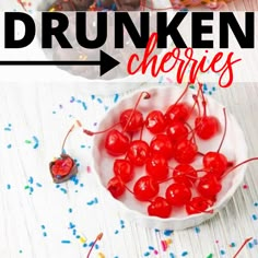 two bowls filled with cherries and sprinkles on top of a table