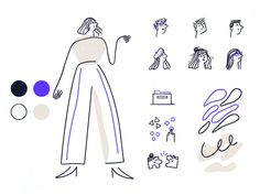 a drawing of a woman standing in front of several different types of people and shapes