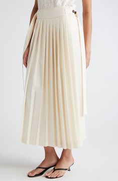 A wrap-strap closure fastens a creamy wool-blend skirt swirled in neat pleats. 36" length (size 42eu) Side button closure 50% wool, 50% polyester Dry clean or hand wash, line dry Imported Midi Wrap Skirt, Skirt Swimsuit, Latest Skirts, Wool Pencil Skirt, Fragrance Design, Wool Skirts, Green Skirt, Pant Shirt, Wrap Skirt