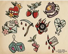 an old school tattoo flash sheet with lots of different tattoos on it's side