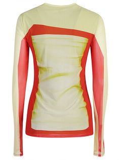 Slim fitness, regular length, siluet of the second skin, digital printing plailed trompe l'eil, crew, long sleeves, elasticized jersey lining, anagram embroidery placed on the back. This item is in size M and the color is Yellow Fitted Nylon Tops With Thumbholes, Fitted Red Nylon Tops, Stretch Nylon Long Sleeve Tops, High Stretch Long Sleeve Top With Graphic Print, Nylon Tops With Mesh Long Sleeves, Long Sleeve Nylon Top With Mesh Sleeves, Stretch Graphic Print Tops In Elastane, White Long Sleeve Nylon Top, Luxury Department Store