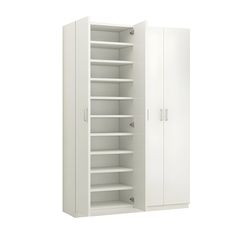 an open white cabinet with shelves and doors on both sides, isolated against a white background