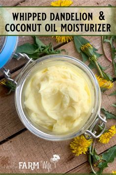 This whipped moisturizer is super easy to make! It requires just two ingredients: dried dandelion flowers and coconut oil, but has so many uses. Whipped Moisturizer, Dried Dandelion, Coconut Oil Moisturizer, Dandelion Flowers, Lotion Recipe, Homemade Lotion