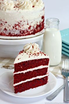 a slice of red velvet cake on a plate