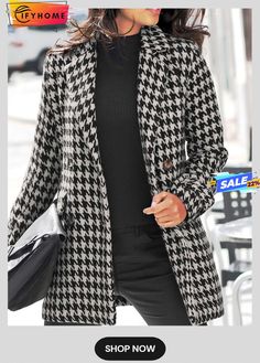 Casual Houndstooth Overcoat Plaid Jacket Outfit, Winter Mode Outfits, Mode Mantel, Casual Blazer, Black White Fashion, Winter Fashion Outfits, Coat Fashion, Fall Winter Outfits, Moda Fashion