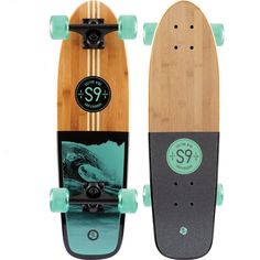 a skateboard with the number 99 on it and an image of a wave behind it