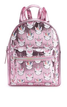 OMG Accessories, Girls Glitter Pink Mini Backpack | Unicorn A metallic rainbow unicorn print gives this mini backpack a magical look.  Studded tassel details Gold-tone hardware 10"H x 8"W x 3"D Top loop: 8" drop Shoulder straps: 20.5" to 38" drop Zipper closure Exterior: zip pocket Interior: main compartment, zip pocket FABRIC & CARE PVC, polyester Polyester lining Wipe clean Cute Pink Backpack With Unicorn Print, Pink Unicorn Print Backpack, Pink Unicorn Print School Bags, Pink Unicorn Print Backpack For Back To School, Pink Unicorn Print Standard Backpack, Pink Mini Backpack, Jojo Fashion, Small Luggage, Unicorn Fashion