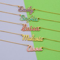 "Personalized Colorful Name Necklace | Custom Gold Name Necklace With Color Filling | Multi Color Name Necklace | Birthday Gift FEATURES * Material: Solid 925 Sterling Silver * Finish: Silver, 18K Gold-Plated, 18K Rose Gold-Plated * All of our jewelry is %100 custom handmade with care * Chain length options 14inch, 16inch, 18inch, 20inch, and 22 inches * All necklaces come with 2\" extender * An ideal gift for Christmas, Mother's Day, Birthday, Valentine's Day HOW TO ORDER * Select Necklace Leng Silver Jewlery, Name Necklaces, Letter Bracelet, Gold Name Necklace, Silver Chain Style, Color Name, Custom Name Necklace, Evil Eye Necklace, Eye Necklace