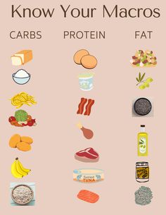 Above is a quick list reference to macros needed to provide your body with energy and maintain staying full! A recommended amount is 40-50% in carbs, 30% protein and 20-30% fats. Protein Carbs And Fats Chart, Fats Proteins And Carbs Chart, Macro Food List, Carbs And Protein, Bio Project, Carbs List, Vitamin Charts, Protein Meal Plan, Food Chemistry