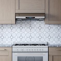 a stove top oven sitting inside of a kitchen next to wooden cupboards and counter tops