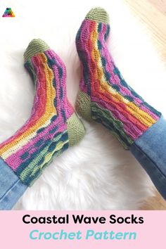 two pairs of colorful socks with text that reads coastal wave socks crochet pattern