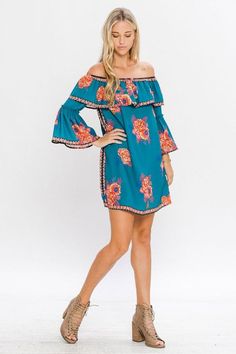 “Off ShoulderTeal Rose Ruffle Dress” poly/"26length Vibe Tribe, Hippie Vibes, Ruffle Dress, Fashion Boutique, Off Shoulder Dress, Chic Style, Shoulder Dress, Off Shoulder, Cover Up