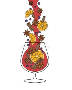 a wine glass filled with orange slices and cinnamons on top of it royalty illustration